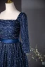 Vintage / Originale Bleu Marine Glitter Paillettes Robe De Bal 2024 Princesse Encolure Carrée 3/4 Manches Dos Nu Noeud Longue Promo Robe De Ceremonie