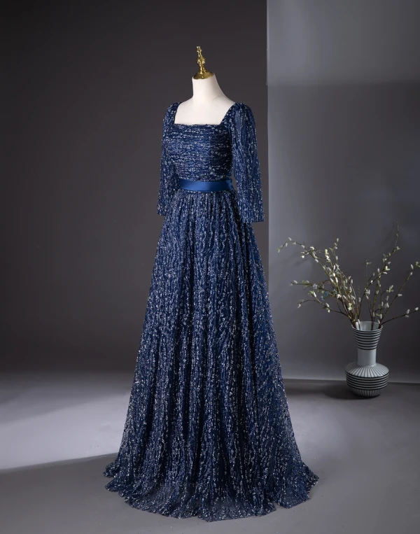 Vintage / Originale Bleu Marine Glitter Paillettes Robe De Bal 2024 Princesse Encolure Carrée 3/4 Manches Dos Nu Noeud Longue Promo Robe De Ceremonie