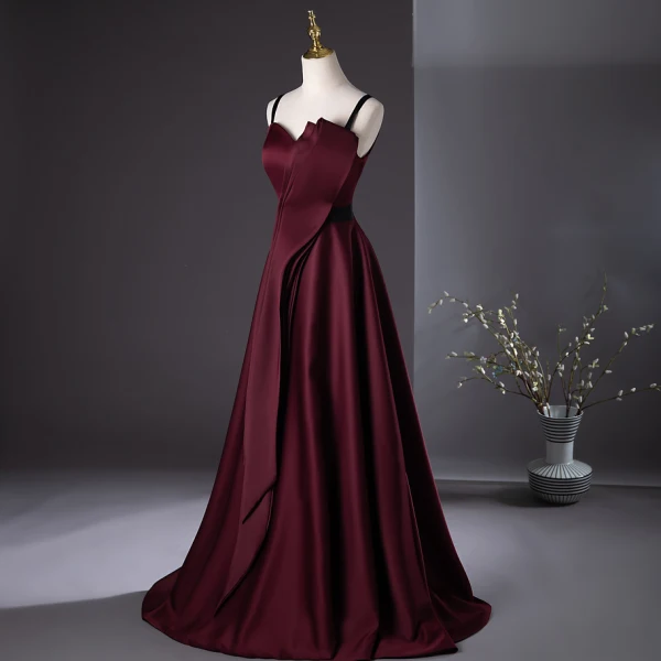 Elegant Burgundy Prom Dresses 2024 A-Line / Princess Spaghetti Straps Sleeveless Backless Floor-Length / Long Formal Dresses