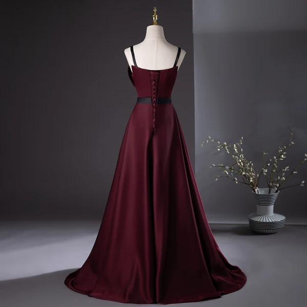 Elegant Burgundy Prom Dresses 2024 A-Line / Princess Spaghetti Straps Sleeveless Backless Floor-Length / Long Formal Dresses