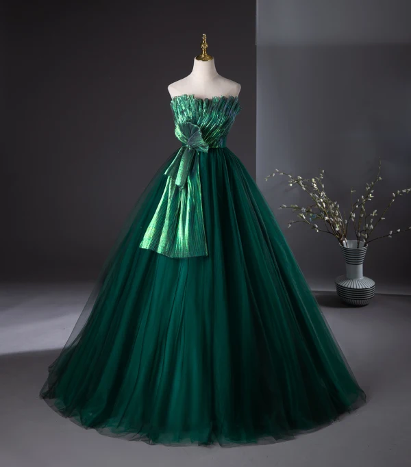 flour bag dresses A-line Off Shoulder Emerald Green Tulle Long Prom Dress, Emerald Green –  shopluu main image 1