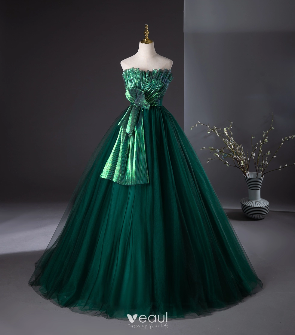Unusual Dark Green Prom Dresses 2024 Ball Gown Strapless Sleeveless  Backless Floor-Length / Long Prom Formal Dresses