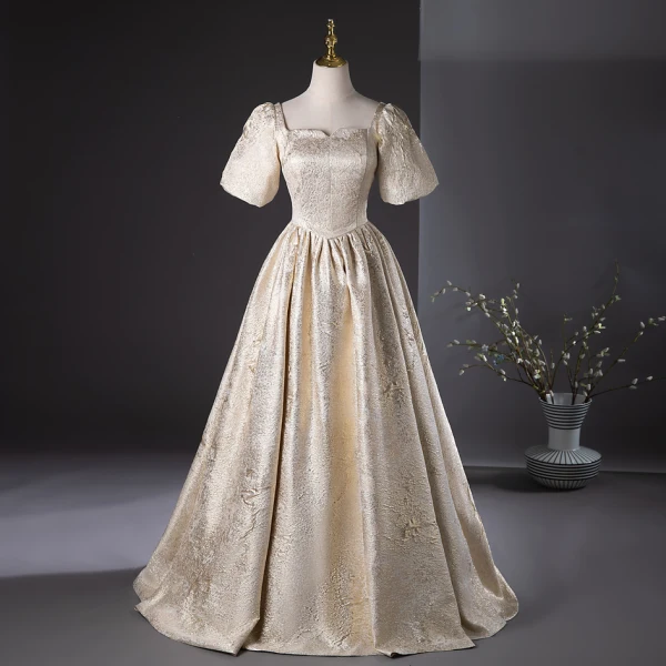 Elegant Gold Glitter Prom Dresses 2024 Ball Gown Square Neckline Short Sleeve Backless Floor-Length / Long Prom Formal Dresses