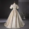 Eleganckie Złote Cekinami Sukienki Na Bal 2024 Suknia Balowa Kwadratowy Dekolt Kótkie Rękawy Bez Pleców Długie Bal Sukienki Wizytowe