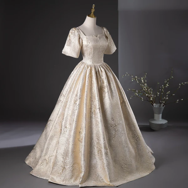 Elegant Gold Glitter Prom Dresses 2024 Ball Gown Square Neckline Short Sleeve Backless Floor-Length / Long Prom Formal Dresses