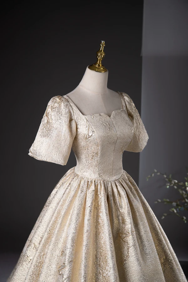 Elegant Gold Glitter Prom Dresses 2024 Ball Gown Square Neckline Short Sleeve Backless Floor-Length / Long Prom Formal Dresses