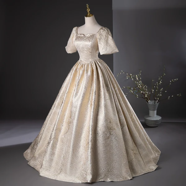 Elegant Gold Glitter Prom Dresses 2024 Ball Gown Square Neckline Short Sleeve Backless Floor-Length / Long Prom Formal Dresses