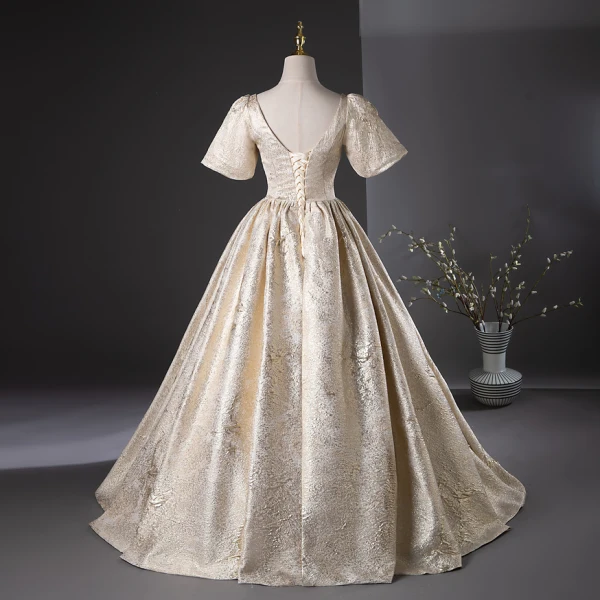 Elegant Gold Glitter Prom Dresses 2024 Ball Gown Square Neckline Short Sleeve Backless Floor-Length / Long Prom Formal Dresses