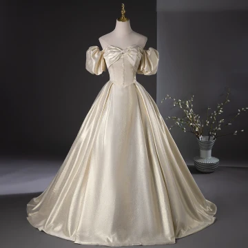 Elegante Goud Galajurken 2024 Baljurk Uit De Schouder Gezwollen Korte Mouwen Ruglooze Lange Gala Gelegenheid Jurken