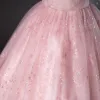 Chic / Beautiful Candy Pink Sequins Appliques Prom Dresses Ball Gown 2024 Strapless Sleeveless Backless Floor-Length / Long Prom Formal Dresses