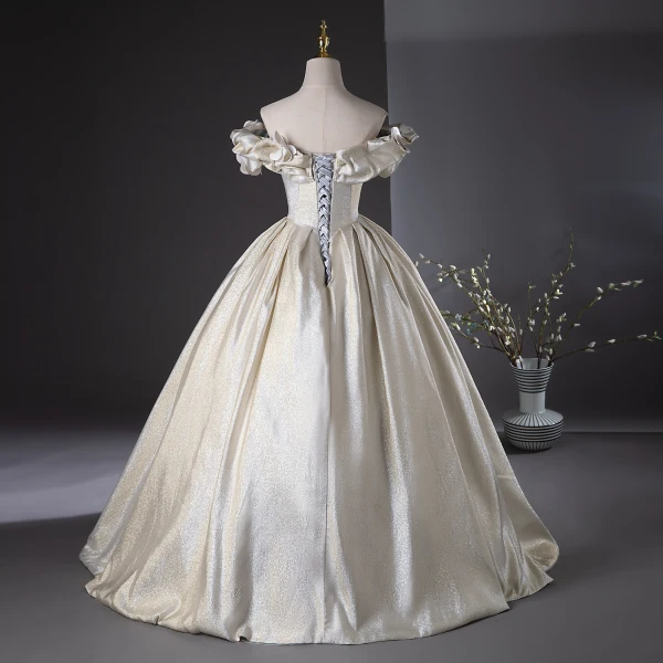 Chic / Beautiful Gold Appliques Prom Dresses 2024 Ball Gown Ruffle Off-The-Shoulder Short Sleeve Backless Floor-Length / Long Prom Formal Dresses