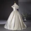 Chic / Beautiful Gold Appliques Prom Dresses 2024 Ball Gown Ruffle Off-The-Shoulder Short Sleeve Backless Floor-Length / Long Prom Formal Dresses