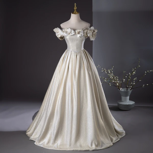Chic Beautiful Gold Appliques Prom Dresses 2024 Ball Gown Ruffle Off-The-Shoulder Short Chic Beautiful Gold Appliques Prom Dresses 2024 Ball Gown Ruffle Off-The-Shoulder Short