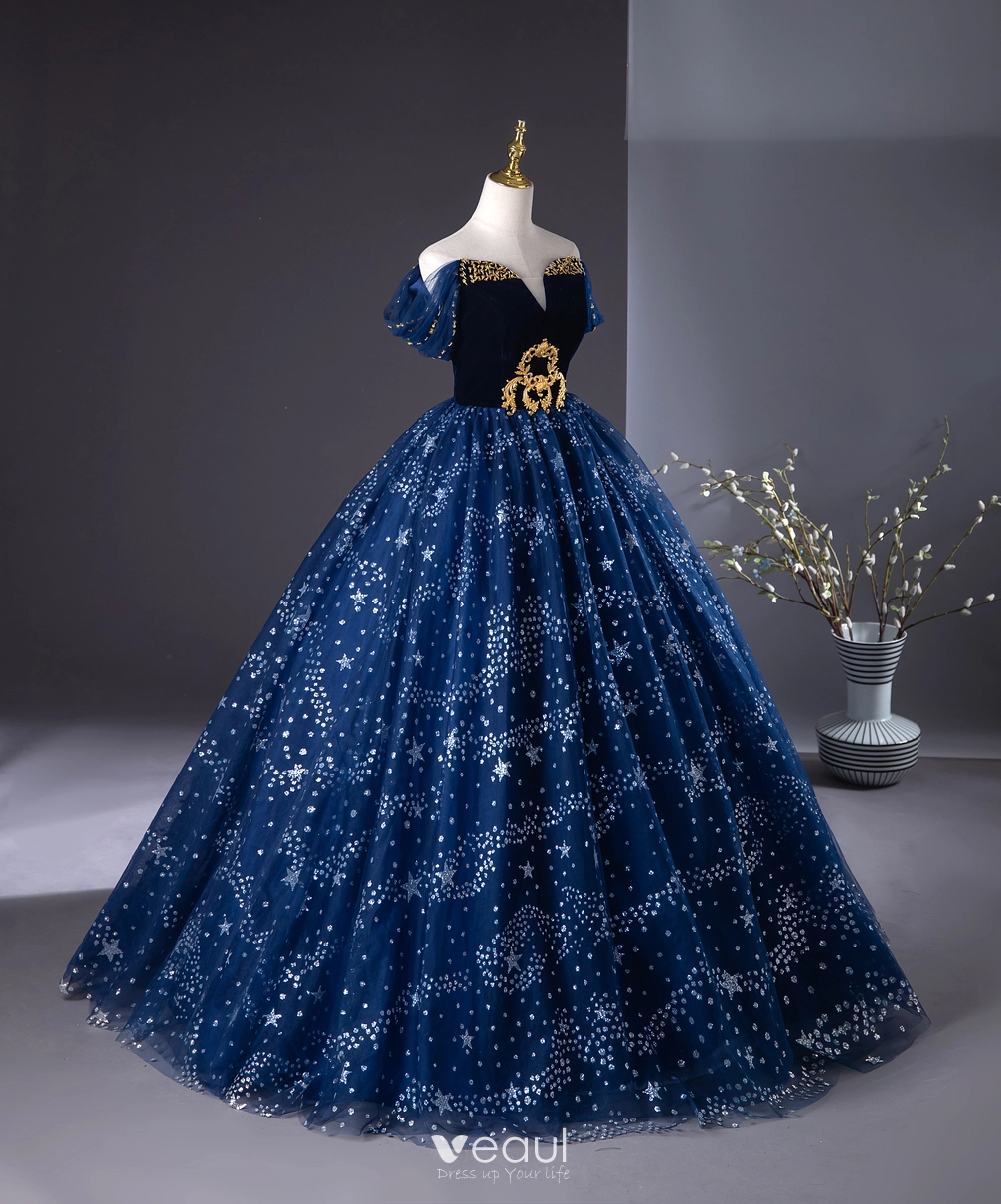 Vintage / Retro Navy Blue Beading Sequins Prom Dresses 2024 A-Line /  Princess Strapless Sleeveless Backless Floor-Length / Long Prom Formal  Dresses