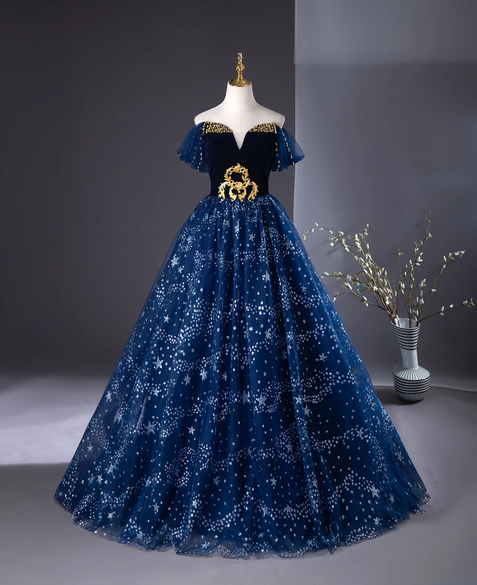 slim fit dress slacks Gold Lace Royal Blue Velvet Long Sleeve Prom Gown main image 0