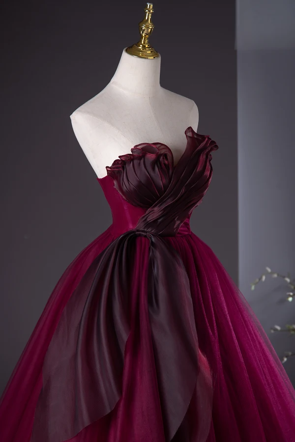 Chic / Beautiful Burgundy Prom Dresses 2024 Ball Gown Strapless Sleeveless Backless Floor-Length / Long Prom Formal Dresses
