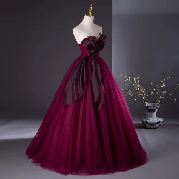 Chic / Beautiful Burgundy Prom Dresses 2024 Ball Gown Strapless Sleeveless Backless Floor-Length / Long Prom Formal Dresses