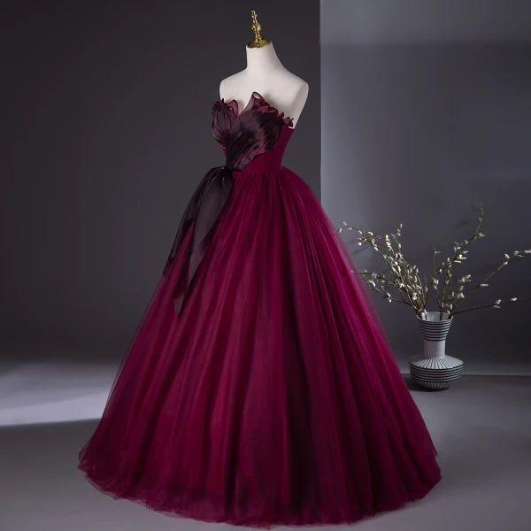 Chic / Beautiful Burgundy Prom Dresses 2024 Ball Gown Strapless Sleeveless Backless Floor-Length / Long Prom Formal Dresses