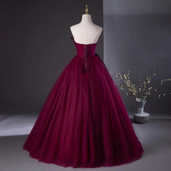 Chic / Beautiful Burgundy Prom Dresses 2024 Ball Gown Strapless Sleeveless Backless Floor-Length / Long Prom Formal Dresses