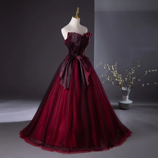 Schöne Burgunderrot Ballkleider 2024 Ballkleid Bandeau Schleife Ärmellos Rückenfreies Lange Ball Festliche Kleider
