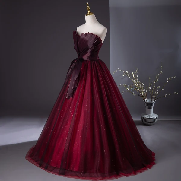 Schöne Burgunderrot Ballkleider 2024 Ballkleid Bandeau Schleife Ärmellos Rückenfreies Lange Ball Festliche Kleider