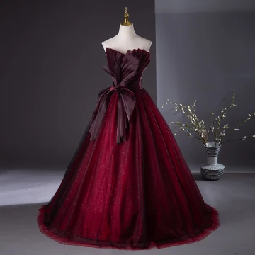 Chic Beautiful Burgundy Prom Dresses 2024 Ball Gown Strapless Bow Sleeveless Backless Floor Length Long Prom Formal Dresses