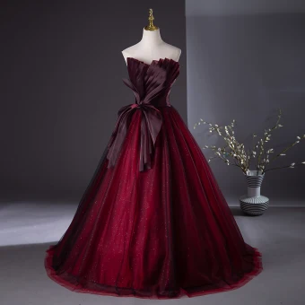 Chic Beautiful Burgundy Prom Dresses 2024 Ball Gown Strapless Bow Sleeveless Backless Floor Length Long Prom Formal Dresses