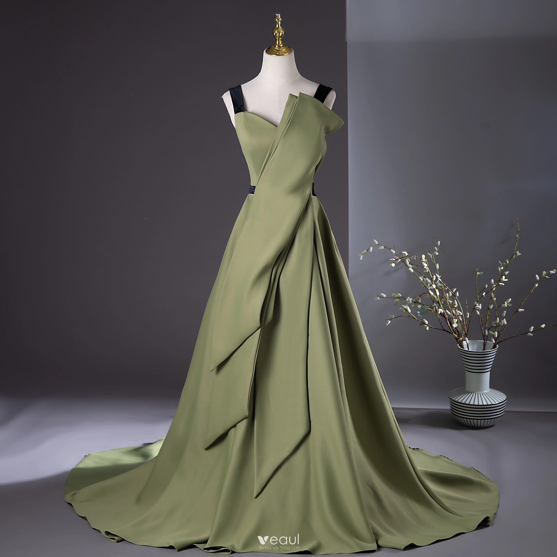 sage green knee length dress A Line Corset Back Sage Green Tulle Long Dresses, Sage Green / 10