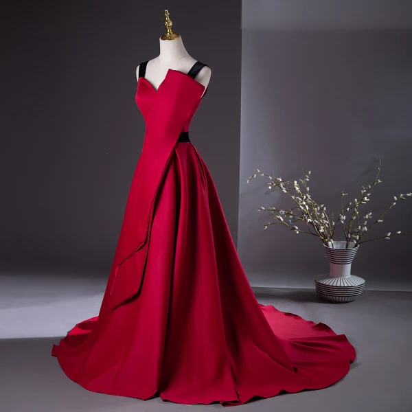 Elegant Burgundy Prom Dresses 2024 A-Line / Princess Square Neckline Sleeveless Backless Sweep Train Prom Formal Dresses