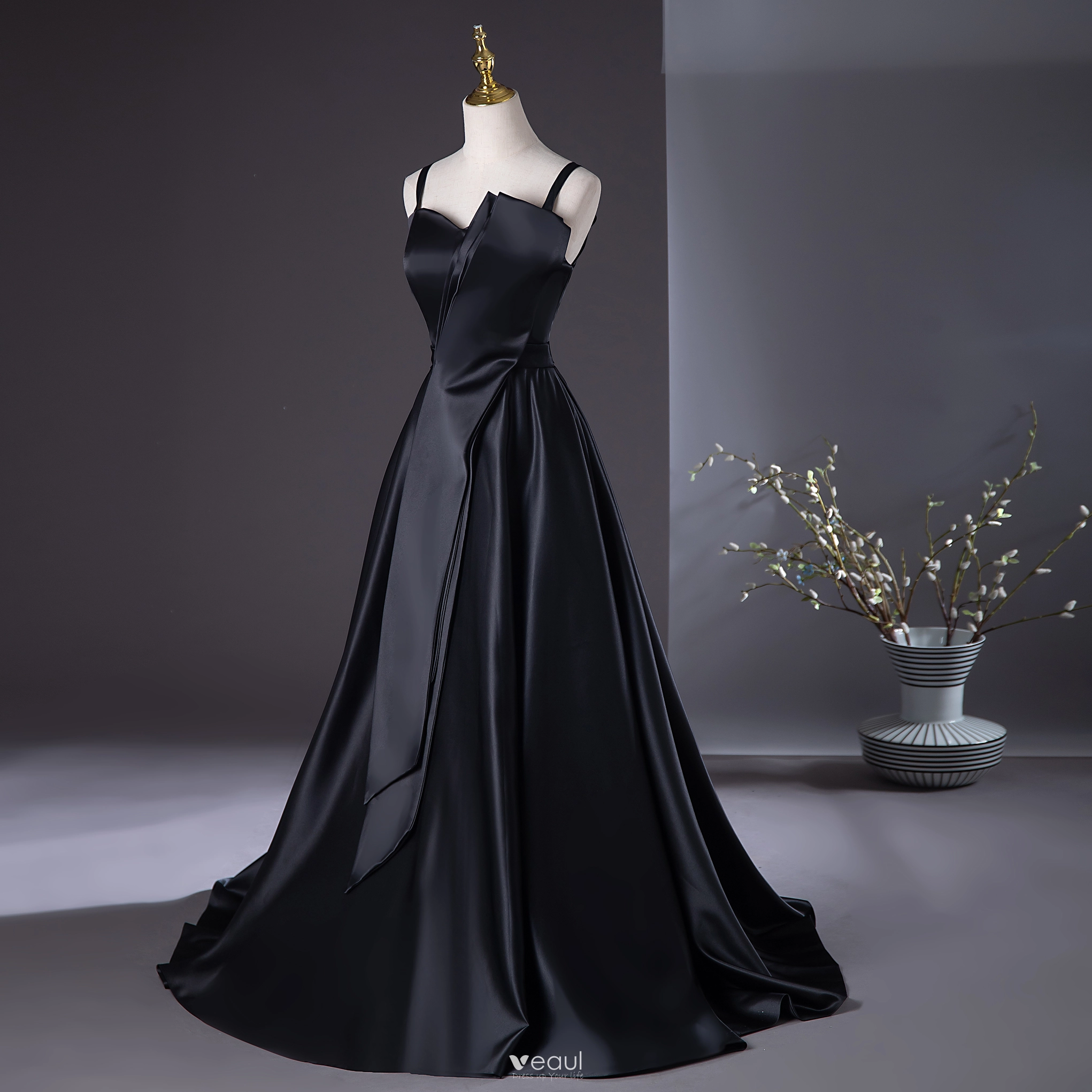 Elegant Black Prom Dresses 2024 A-Line / Princess Spaghetti Straps Sleeveless Backless Floor-Length / Long Prom Formal Dresses Elegant Black Prom Dresses 2024 A-Line / Princess Spaghetti Straps Sleeveless Backless Floor-Length / Long Prom Formal Dresses