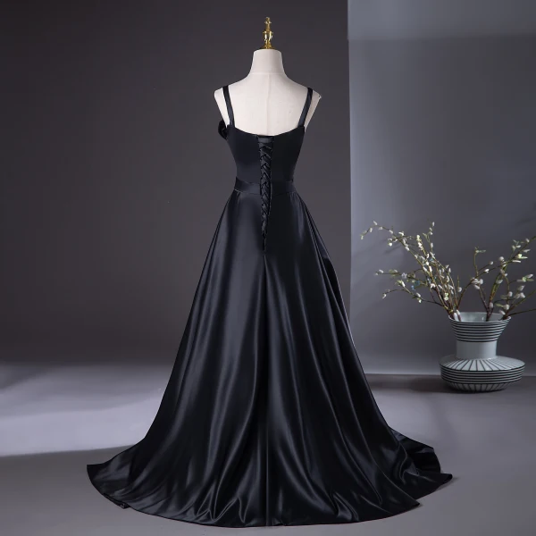 Elegant Black Prom Dresses 2024 A-Line / Princess Spaghetti Straps Sleeveless Backless Floor-Length / Long Prom Formal Dresses