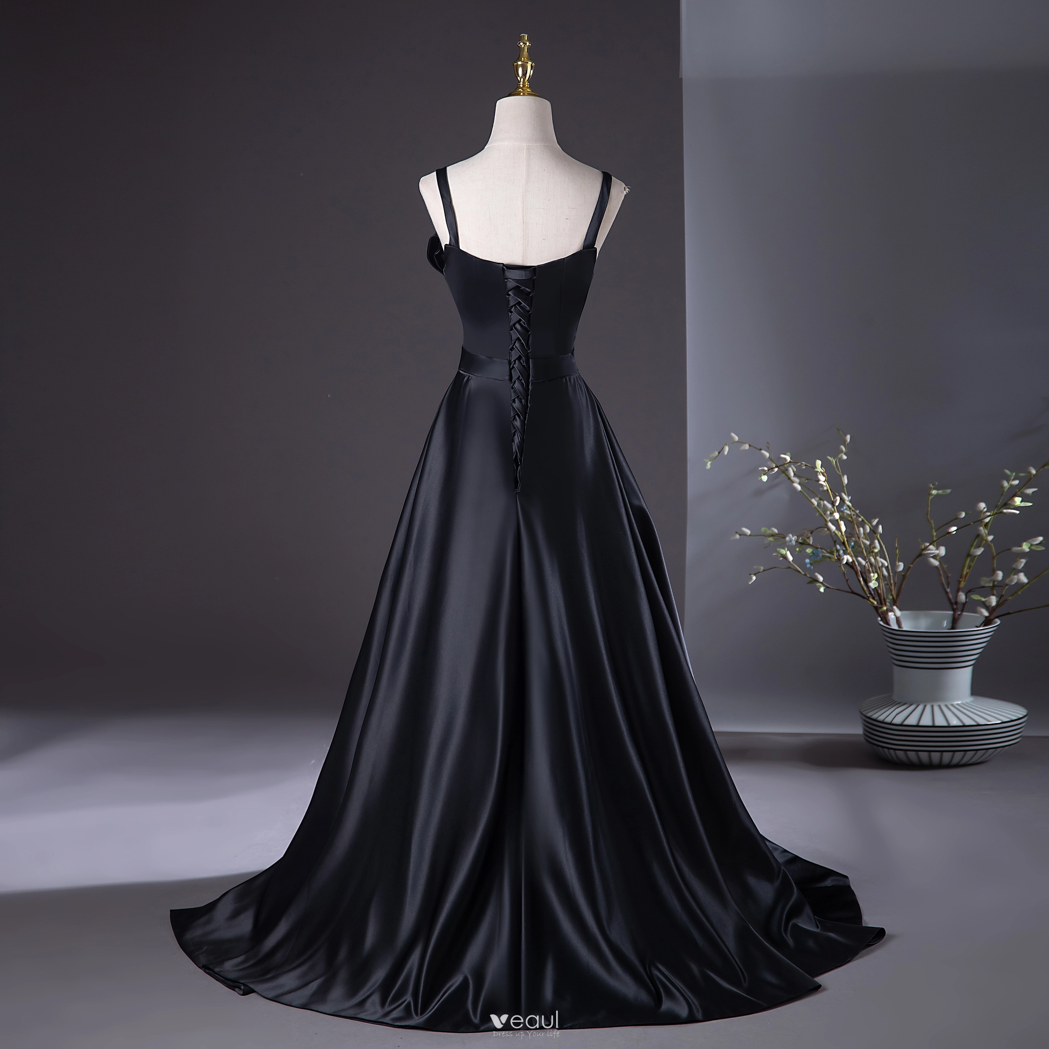 Elegant Black Prom Dresses 2024 A-Line / Princess Spaghetti Straps  Sleeveless Backless Floor-Length / Long Prom Formal Dresses