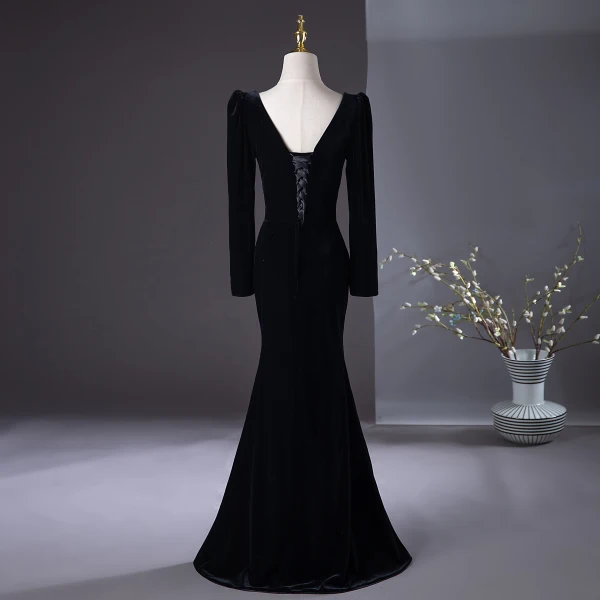 Chic / Beautiful Black Rhinestone Velvet Evening Dresses 2024 Trumpet / Mermaid Square Neckline Long Sleeve Backless Floor-Length / Long Evening Party Formal Dresses