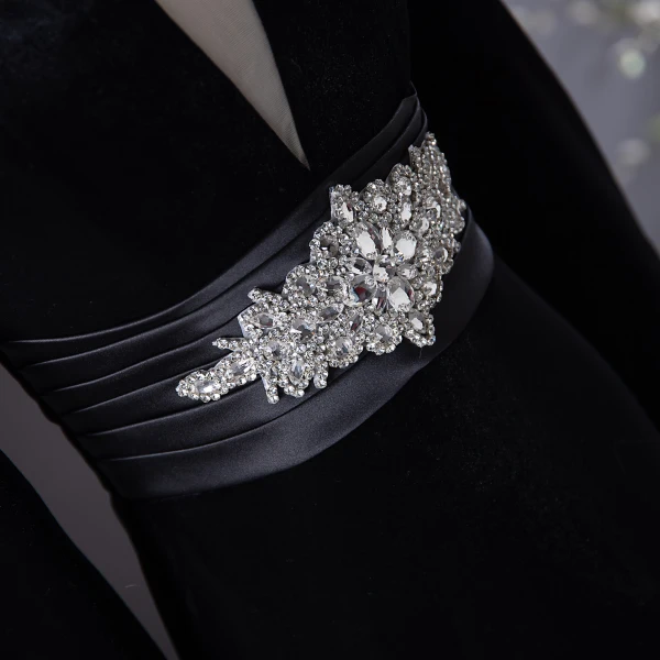 Chic / Beautiful Black Rhinestone Velvet Evening Dresses 2024 Trumpet / Mermaid Square Neckline Long Sleeve Backless Floor-Length / Long Evening Party Formal Dresses