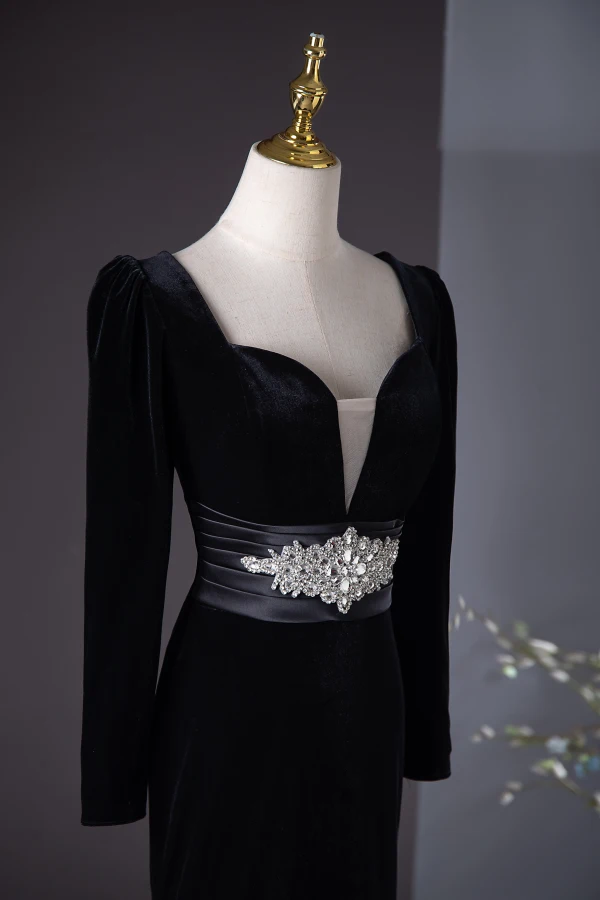 Chic / Beautiful Black Rhinestone Velvet Evening Dresses 2024 Trumpet / Mermaid Square Neckline Long Sleeve Backless Floor-Length / Long Evening Party Formal Dresses