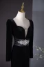Chic / Beautiful Black Rhinestone Velvet Evening Dresses 2024 Trumpet / Mermaid Square Neckline Long Sleeve Backless Floor-Length / Long Evening Party Formal Dresses