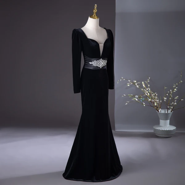 Chic / Beautiful Black Rhinestone Velvet Evening Dresses 2024 Trumpet / Mermaid Square Neckline Long Sleeve Backless Floor-Length / Long Evening Party Formal Dresses