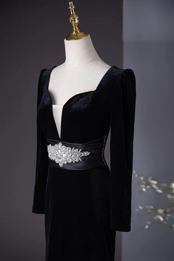Chic / Beautiful Black Rhinestone Velvet Evening Dresses 2024 Trumpet / Mermaid Square Neckline Long Sleeve Backless Floor-Length / Long Evening Party Formal Dresses