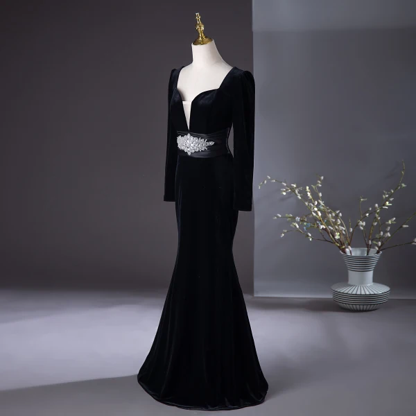 Chic / Beautiful Black Rhinestone Velvet Evening Dresses 2024 Trumpet / Mermaid Square Neckline Long Sleeve Backless Floor-Length / Long Evening Party Formal Dresses