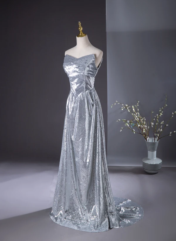 Sparkly Silver Sequins Evening Dresses 2024 A-Line / Princess Strapless Sleeveless Backless Floor-Length / Long Evening Party Formal Dresses