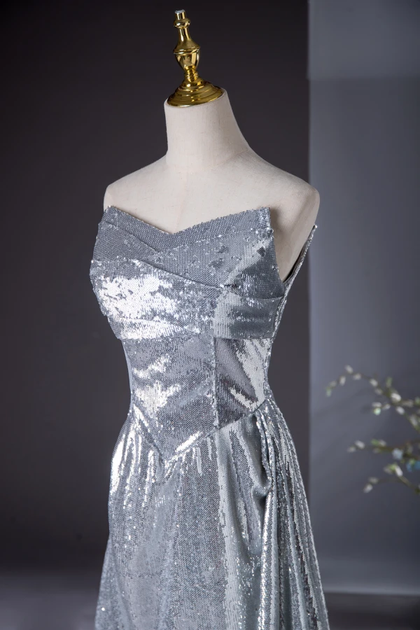Sparkly Silver Sequins Evening Dresses 2024 A-Line / Princess Strapless Sleeveless Backless Floor-Length / Long Evening Party Formal Dresses