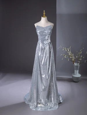 Scintillantes Argenté Paillettes Robe De Soirée 2024 Princesse Bustier Sans Manches Dos Nu Longue Soirée Robe De Ceremonie