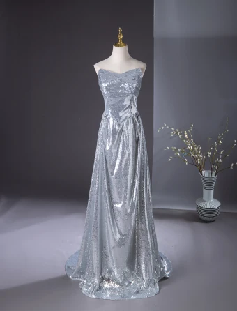 Sparkly Silver Sequins Evening Dresses 2024 A Line Princess Strapless Sleeveless Backless Floor Length Long Evening Party Formal Dresses