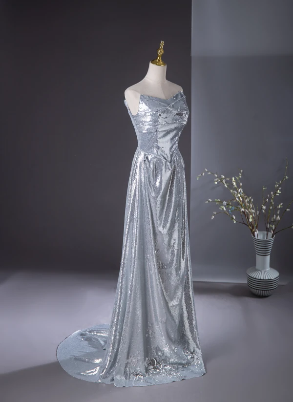 Sparkly Silver Sequins Evening Dresses 2024 A-Line / Princess Strapless Sleeveless Backless Floor-Length / Long Evening Party Formal Dresses