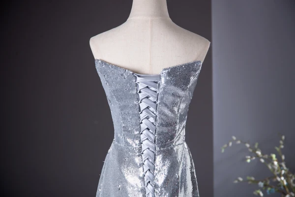 Sparkly Silver Sequins Evening Dresses 2024 A-Line / Princess Strapless Sleeveless Backless Floor-Length / Long Evening Party Formal Dresses