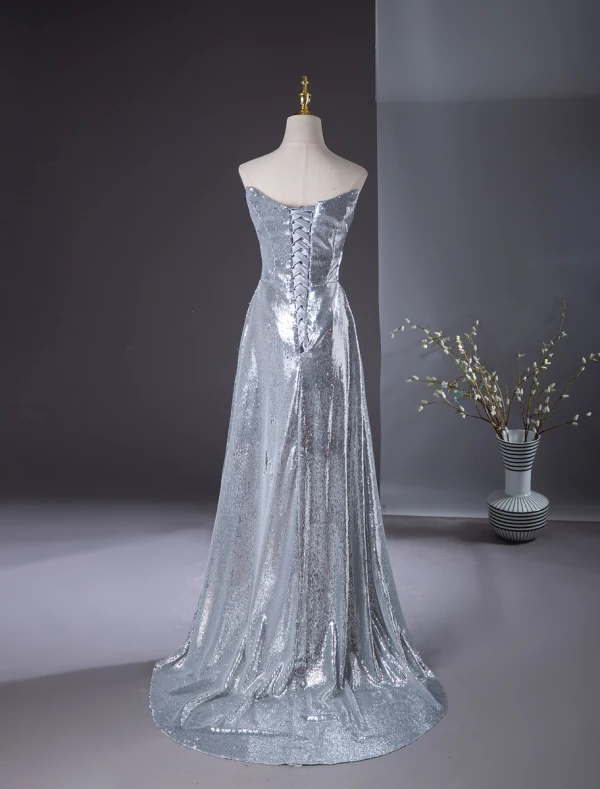 Sparkly Silver Sequins Evening Dresses 2024 A-Line / Princess Strapless Sleeveless Backless Floor-Length / Long Evening Party Formal Dresses