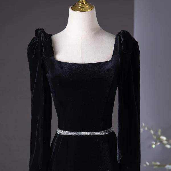 Chic / Beautiful Black Velvet Evening Dresses  2024 Trumpet / Mermaid Square Neckline Long Sleeve Backless Floor-Length / Long Evening Party Formal Dresses