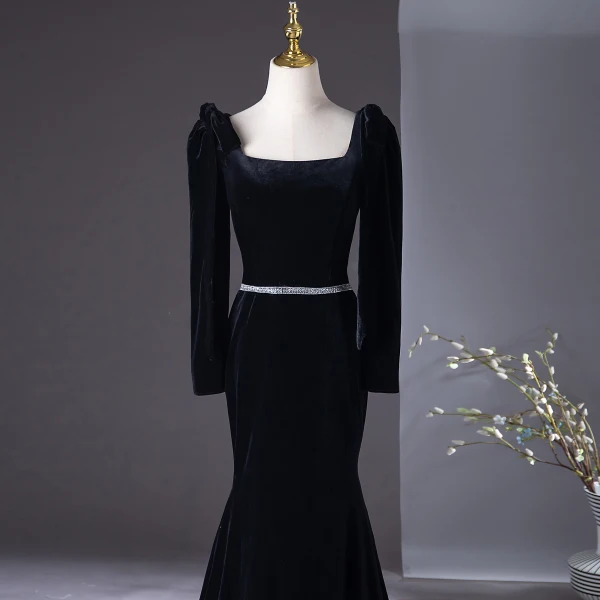 Chic / Beautiful Black Velvet Evening Dresses  2024 Trumpet / Mermaid Square Neckline Long Sleeve Backless Floor-Length / Long Evening Party Formal Dresses