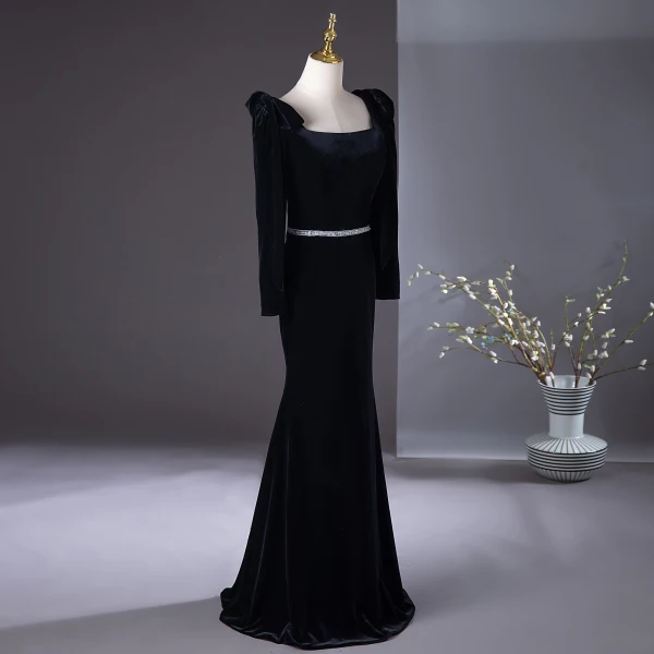 Chic / Beautiful Black Velvet Evening Dresses  2024 Trumpet / Mermaid Square Neckline Long Sleeve Backless Floor-Length / Long Evening Party Formal Dresses