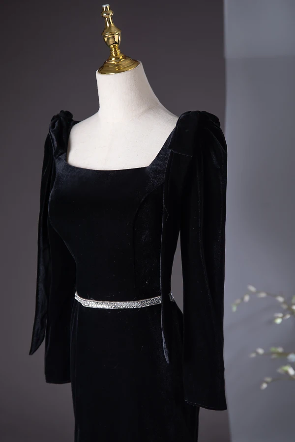 Chic / Beautiful Black Velvet Evening Dresses  2024 Trumpet / Mermaid Square Neckline Long Sleeve Backless Floor-Length / Long Evening Party Formal Dresses